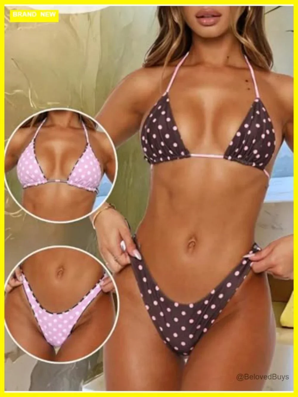 Reversible Polka Dot Triangle Bikini Set Halter Neck High Cut Thong Swimsuit 2